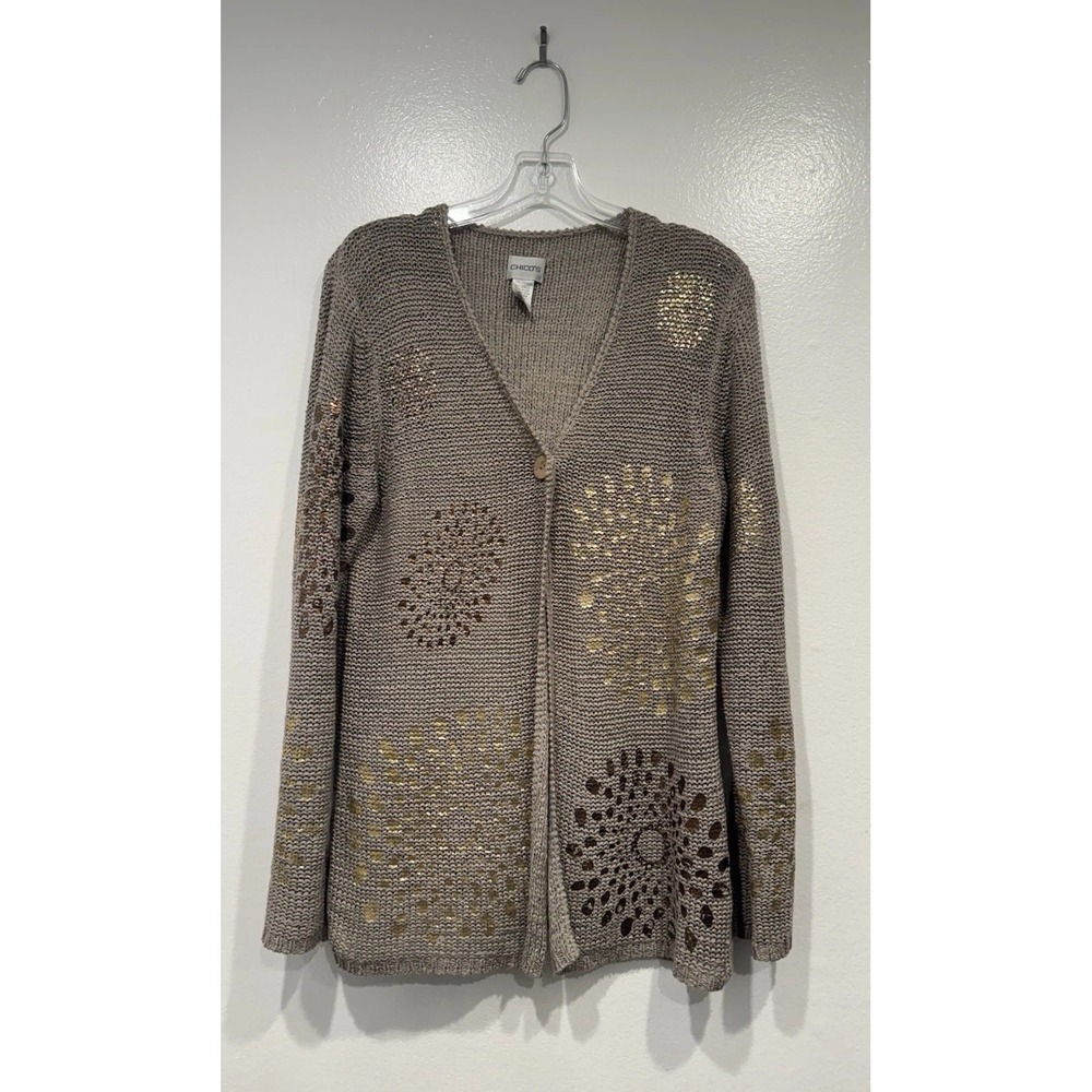 Chicos Taupe Knit Cardigan Size 2 Gold Bronze Design Hippie Artsy Boho Bohemian